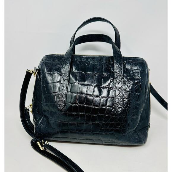 Fossil Sydney Black Croc Embossed Leather Satchel Handbag Crossbody Purse - Picture 3 of 9